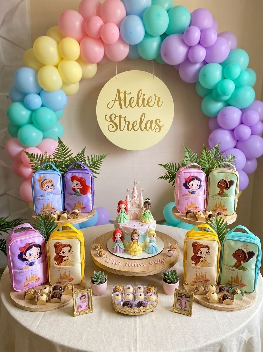 Decoração de festa Atelier Strelas com bolsinhas personalizadas e arco de balões